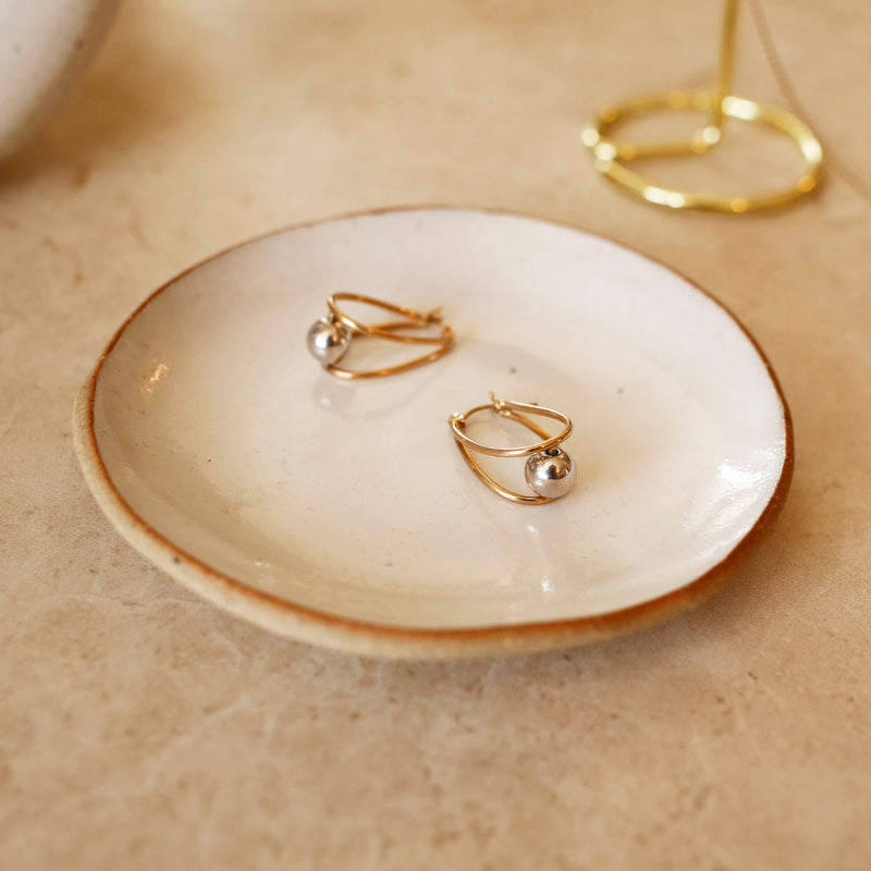 Gold Double Oval Hoop Earrings with White Gold Sphere Accent