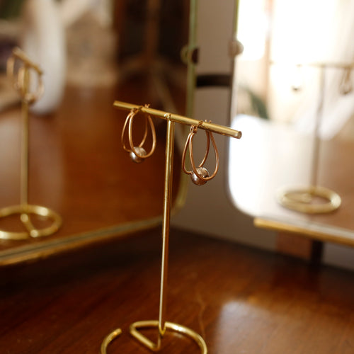 Gold Double Oval Hoop Earrings with White Gold Sphere Accent
