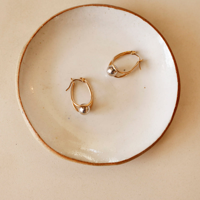 Gold Double Oval Hoop Earrings with White Gold Sphere Accent